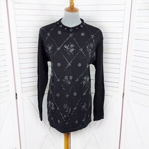 Vintage OHI 90s Floral Beaded Tunic Sweater Black Medium Chunky Knit